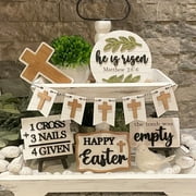 6 Pieces Easter Tiered Tray Decor Spring Religious Wooden Signs with Hanging Wreath Small Wood Tray Bunny He is Risen Tiered Center Piece Vintage Easter Decor for Home Decor